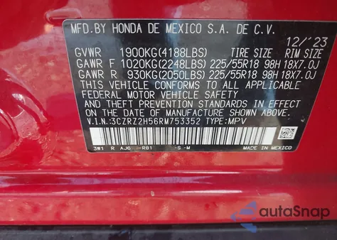 2024 Honda Hr-V Awd Sport/Awd Sport W/O Bsi z USA, uszkodzony, nr VIN 3CZRZ2H56RM753352